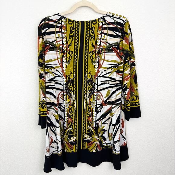 Eva Varro Womens Tunic Top Blouse Size L Artsy Creative Leaf Office Black - Picture 3 of 5